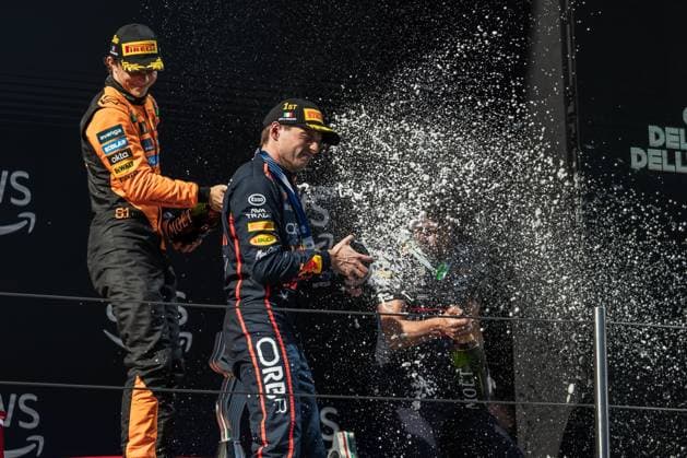 May 18, 2025, Imola, Italy: Max Verstappen of the Netherlands and Oracle Red Bull Racing on the podium during the Formula One Emilia Romagna Grand Prix. Imola Italy - ZUMAs197 20250518_aaa_s197_361 Copyright: xJayxHiranox