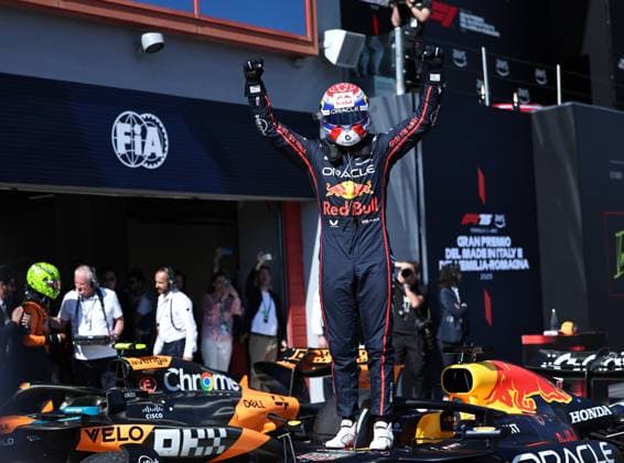(250519) -- IMOLA, May 19, 2025 -- Red Bull Racing s driver Max Verstappen of the Netherlands celebrates after winning the Formula One Emilia Romagna Grand Prix at the Autodromo Internazionale Enzo e Dino Ferrari race track in Imola, Italy, May 18, 2025. ) (SP)ITALY-IMOLA-AUTO-F1 GRAND PRIX LixJing 