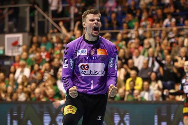 19.05.2025, xgox, Handball - Daikin HBL, SC Magdeburg - TSV Hannover-Burgdorf emspor, v.l. Sergey Hernandez Ferrer (Magdeburg, 1) Jubelt ueber gehaltenen Ball, abgewehrt, gehalten, Torhueter Magdeburg