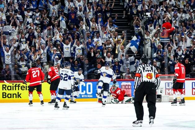 Ice hockey, Eishockey - IIHF WC 2025 STOCKHOLM,SWEDEN,19.MAY.25 - ICE HOCKEY - IIHF Ice Hockey World Championship, WM, Weltmeisterschaft 2025, group stage, Canada vs Finland. Image shows the rejoicing of Patrik Puistola (FIN).  GEPAxpictures xMaticxKlansek