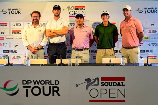 press conference, PK, Pressekonferenz Soudal Open Golf SCHILDE, BELGIUM - MAY 20 : Tournament Director Michael Jones, Thomas Pieters, Francesco Molinari, Matthis Besard and Nicolas Colsaerts pictured during a press conference prior to the fourth edition of the Soudal Open Golf (DP World Tour event) on May 20, 2025 in Schilde, Belgium, 20 05 2025 Schilde Belgium  Copyright: xPeterxDexVoechtx