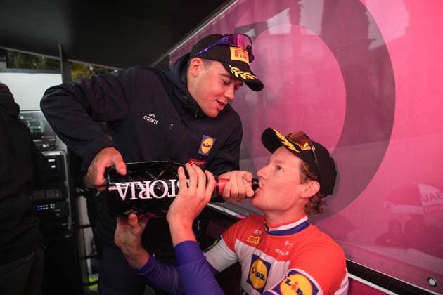 Pedersen Mads of Lidl-Trek celebare on the podium whit Hoole Daan of Lidl-Trek after the stage 10 of the Giro dÕItalia from Lucca to Pisa Tudor ITT (Individual Time Trial), Italy - Tuesday, May 20, 2025. - cycling.  Copyright: xMarcoxAlpozzi LaPressex