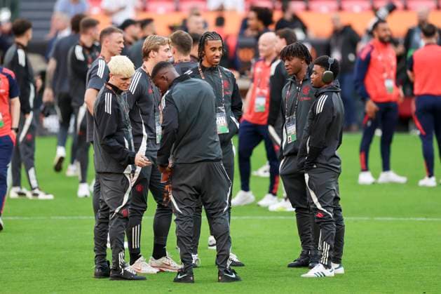Manchester United, ManU FC stadium walk-around Manchester United forward Alejandro Garnacho (17) Manchester United midfielder Kobbie Mainoo (37) Manchester United defender Leny Yoro (15) Manchester United midfielder Amad Diallo (16) Manchester United defender Patrick Dorgu (13) Manchester United forward Rasmus Hojlund (9) during the Manchester United FC stadium walk-around ahead of the UEFA Europa League Final, at the Estadio de San MamÃ s, Bilbao, Biscay, Spain on 20 May 2025 Credit: Phil Duncan Every Second Media Editorial use only. All images are copyright Every Second Media Limited. No images may be reproduced without prior permission. Copyright: xIMAGO EveryxSecondxMediax ESM-1484-0013 PhilxDuncanx xEveryxSecondxMediax
