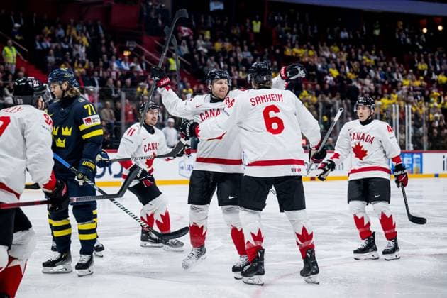 250520 Nathan MacKinnon and Travis Sanheim of Canada celebrate after 0-1 during the 2025 IIHF Ice hockey, Eishockey World Championship, WM, Weltmeisterschaft group stage game between Sweden and Canada on May 20, 2025 in Stockholm. Photo: Joel Marklund BILDBYRAN kod JM JM0689 ishockey ice hockey ishockey-vm 2025 vm 2025 iihf world championship sverige sweden kanada canada bbeng gruppspel jubel depp Copyright: JOELxMARKLUND BB250520JM008