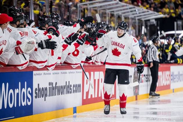 250520 Travis Sanheim of Canada celebrates after 0-1 during the 2025 IIHF Ice hockey, Eishockey World Championship, WM, Weltmeisterschaft group stage game between Sweden and Canada on May 20, 2025 in Stockholm. Photo: Maxim Thore BILDBYRAN kod MT JM0689 ishockey ice hockey ishockey-vm 2025 vm 2025 iihf world championship sverige sweden kanada canada bbeng gruppspel bbauto jubel Copyright: MAXIMxTHORE BB250520MT057