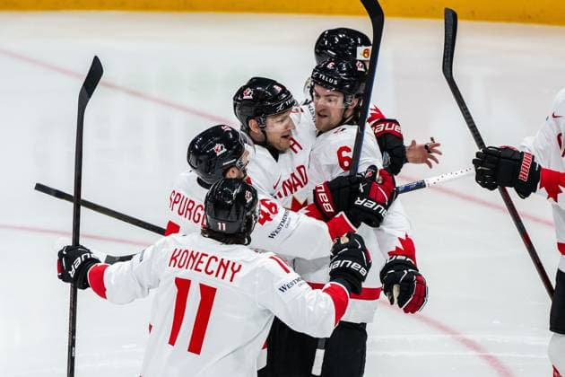 250520 Nathan MacKinnon and Travis Sanheim of Canada celebrate after 0-1 during the 2025 IIHF Ice hockey, Eishockey World Championship, WM, Weltmeisterschaft group stage game between Sweden and Canada on May 20, 2025 in Stockholm. Photo: Simon Hastegard BILDBYRAN kod SH JM0689 ishockey ice hockey ishockey-vm 2025 vm 2025 iihf world championship sverige sweden kanada canada bbeng gruppspel jubel Copyright: SIMONxHASTEGARD BB250520SH004