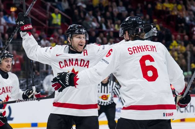 250520 Nathan MacKinnon and Travis Sanheim of Canada celebrate after 0-1 during the 2025 IIHF Ice hockey, Eishockey World Championship, WM, Weltmeisterschaft group stage game between Sweden and Canada on May 20, 2025 in Stockholm. Photo: Joel Marklund BILDBYRAN kod JM JM0689 ishockey ice hockey ishockey-vm 2025 vm 2025 iihf world championship sverige sweden kanada canada bbeng gruppspel jubel Copyright: JOELxMARKLUND BB250520JM009