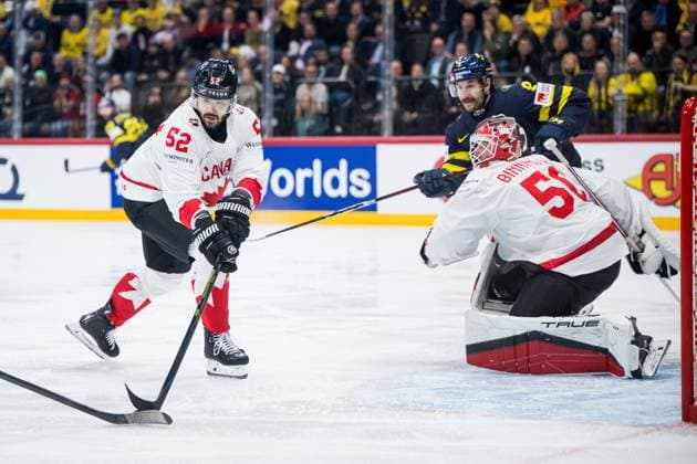 250520 MacKenzie Weegar of Canada, Filip Forsberg of Sweden and goaltender Jordan Binnington of Canada during the 2025 IIHF Ice hockey, Eishockey World Championship, WM, Weltmeisterschaft group stage game between Sweden and Canada on May 20, 2025 in Stockholm. Photo: Maxim Thore BILDBYRAN kod MT JM0689 ishockey ice hockey ishockey-vm 2025 vm 2025 iihf world championship sverige sweden kanada canada bbeng gruppspel bbauto Copyright: MAXIMxTHORE BB250520MT058