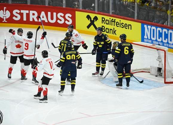 STOCKHOLM, SWEDEN 20250520 Canada s Travis Sanheim (L) celebrates his goal 0-1 with team mates during the IIHF Ice hockey, Eishockey World Championship, WM, Weltmeisterschaft group A match between Sweden and Canada at Avicii Arena in Stockholm, Sweden, on May 20, 2025. STOCKHOLM SWEDEN x10080x