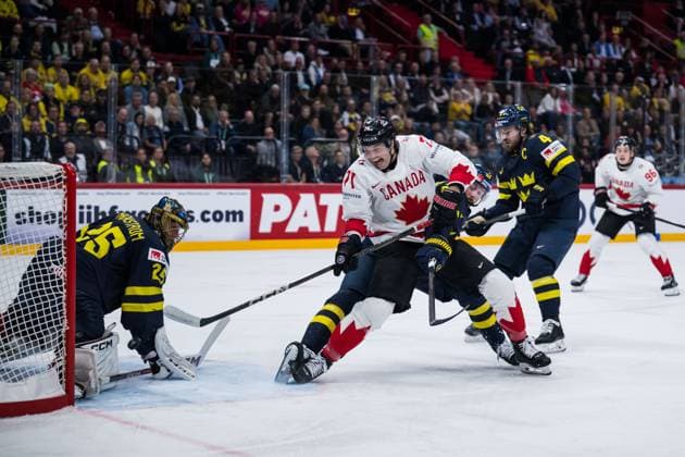 250520 Tyson Foerster of Canada scores 1-2 behind goaltender Jacob Markström, Marcus Pettersson and Rasmus Andersson of Sweden during the 2025 IIHF Ice hockey, Eishockey World Championship, WM, Weltmeisterschaft group stage game between Sweden and Canada on May 20, 2025 in Stockholm. Photo: Joel Marklund BILDBYRAN kod JM JM0689 ishockey ice hockey ishockey-vm 2025 vm 2025 iihf world championship sverige sweden kanada canada bbeng gruppspel Copyright: JOELxMARKLUND BB250520JM014