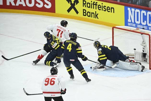 STOCKHOLM, SWEDEN 20250520 Canada s Tyson Foerster scores 1-2 behind Sweden s Jacob Markström during the IIHF Ice hockey, Eishockey World Championship, WM, Weltmeisterschaft group A match between Sweden and Canada at Avicii Arena in Stockholm, Sweden, on May 20, 2025. STOCKHOLM SWEDEN x10080x
