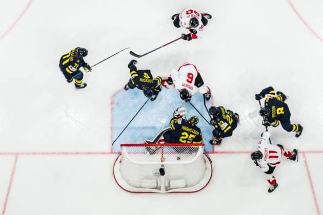 250520 Travis Sanheim of Canada scores 0-1 behind goaltender Jacob Markström of Sweden during the 2025 IIHF Ice hockey, Eishockey World Championship, WM, Weltmeisterschaft group stage game between Sweden and Canada on May 20, 2025 in Stockholm. Photo: Joel Marklund BILDBYRAN kod JM JM0689 ishockey ice hockey ishockey-vm 2025 vm 2025 iihf world championship sverige sweden kanada canada bbeng gruppspel Copyright: JOELxMARKLUND BB250520JM029