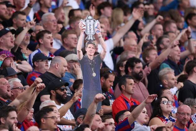London, England, 20th May 2025. Crystal Palace fans hold up a cut out, Freisteller of Oliver Glasner, Manager of Crystal Palace during the Crystal Palace vs Wolverhampton Wanderers Premier League match at Selhurst Park, London. Picture credit should read: Paul Terry Sportimage EDITORIAL USE ONLY. No use with unauthorised audio, video, data, fixture lists, club league logos or live services. Online in-match use limited to 120 images, no video emulation. No use in betting, games or single club league player publications. SPI_014_PT_Crystal_Palace_Wolves SPI-3953-0014