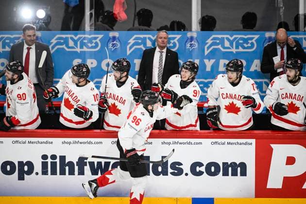 STOCKHOLM, SWEDEN 20250520 Canada s Macklin Celebrini ( 96, C) celebrates with teammates after scoring during the IIHF Ice hockey, Eishockey World Championship, WM, Weltmeisterschaft group A match between Sweden and Canada at Avicii Arena in Stockholm, Sweden, on May 20, 2025. STOCKHOLM SWEDEN x10080x