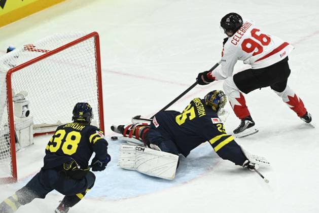 STOCKHOLM, SVERIGE 20250520 Canada s Macklin Celebrini ( 96) scores at Sweden s goalkeeper Jacob Markström during the IIHF Ice hockey, Eishockey World Championship, WM, Weltmeisterschaft group A match between Sweden and Canada at Avicii Arena in Stockholm, Sweden, on May 20, 2025. STOCKHOLM SWEDEN x10080x