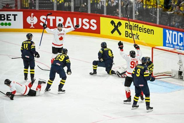 STOCKHOLM, SWEDEN 20250520 Canada s Nate MacKinnon ( 9) celebrates scoring during the IIHF Ice hockey, Eishockey World Championship, WM, Weltmeisterschaft group A match between Sweden and Canada at Avicii Arena in Stockholm, Sweden, on May 20, 2025. STOCKHOLM SWEDEN x10080x