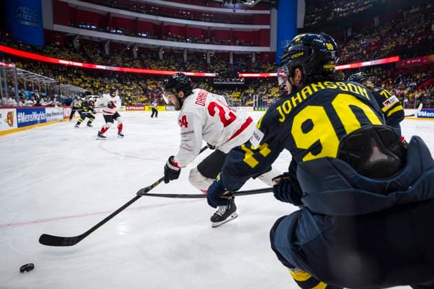 250520 Phillip Danault of Canada and Marcus Johansson of Sweden during the 2025 IIHF Ice hockey, Eishockey World Championship, WM, Weltmeisterschaft group stage game between Sweden and Canada on May 20, 2025 in Stockholm. Photo: Maxim ThorÃ BILDBYRAN kod MT JM0689 ishockey ice hockey ishockey-vm 2025 vm 2025 iihf world championship sverige sweden kanada canada bbeng gruppspel Copyright: MAXIMxTHORE BB250520MT122