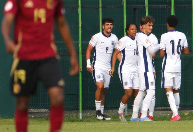 May 20, 2025, Rrogozhine, Rrogozhine, Albania: Alejandro Rodriguez (Nr 9) of U-17 England celebrate scoring 1-0 during the UEFA European Under-17 Championship 2024 25 match between England and Belgium at Arena Egnatia in Rrogozhine, Albania on 20 May 2025. Rrogozhine Albania - ZUMAb266 20250520_zip_b266_013 Copyright: xArmandoxBabanix