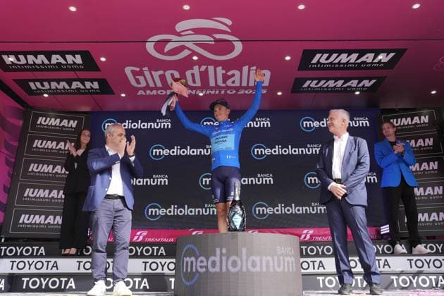 Fortunato Lorenzo of Xds Astana Team on the podium during the stage 11 of the Giro d™Italia from Viareggio to Castelnovo ne Monti, Italy - Wednesday, May 21, 2025. - cycling.  Copyright: xFabioxFerrari LaPressex
