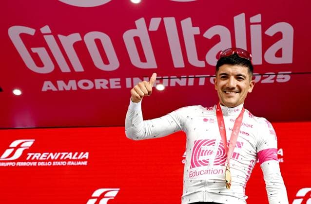 May 21, 2025, Castelnovo Ne Monti, ITALY: Equadorian rider Richard Carapaz of Education -Easypost team poses on the podium after winning the 11th stage of the 108 Giro d Italia 2025, cycling race over 186 km from Viareggio to Castelnovo Ne Monti, Italy, 21 May 2025. ANSA LUCA ZENNARO. Giro D Italia Cycling Tour - Stage 11  - ZUMAa110 20250521_zaf_a110_031 Copyright: xLucaxZennarox