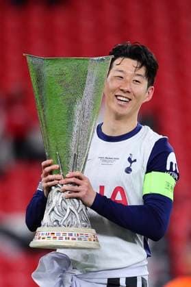 Heung Min Son of Tottenham Hotspur lifts the trophy as he celebrates after the 2024 2025 Europa League Final football match between Tottenham Hotspur and Manchester United, ManU at San Mames stadium in Bilbao (Spain), May 21st, 2025. CesarexPurini