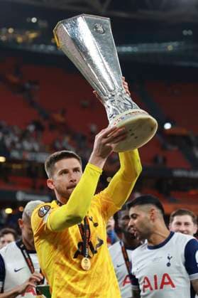 Guglielmo Vicario of Tottenham Hotspur lifts the trophy as he celebrates after the 2024 2025 Europa League Final football match between Tottenham Hotspur and Manchester United, ManU at San Mames stadium in Bilbao (Spain), May 21st, 2025. CesarexPurini