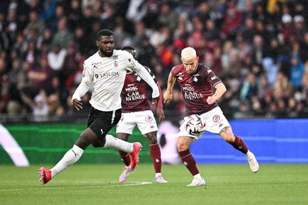 FC Metz v Stade de Reims - Playoffs Ligue 1 McDonald s Ligue 2 BKT 2024 2025, first leg 07 Gauthier HEIN (fcm) - 21 Cedric KIPRE (sdr) during the playoffs match between Metz and Reims at Stade Saint-Symphorien on May 21, 2025 in Metz, France. Metz France  Copyright: xFEPx 776325767