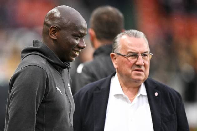 FC Metz v Stade de Reims - Playoffs Ligue 1 McDonald s Ligue 2 BKT 2024 2025, first leg Samba DIAWARA (Entraineur adjoint Reims SDR) - Jean-Pierre CAILLOT (President Reims SDR) during the playoffs match between Metz and Reims at Stade Saint-Symphorien on May 21, 2025 in Metz, France. Metz France  Copyright: xFEPx 776325767
