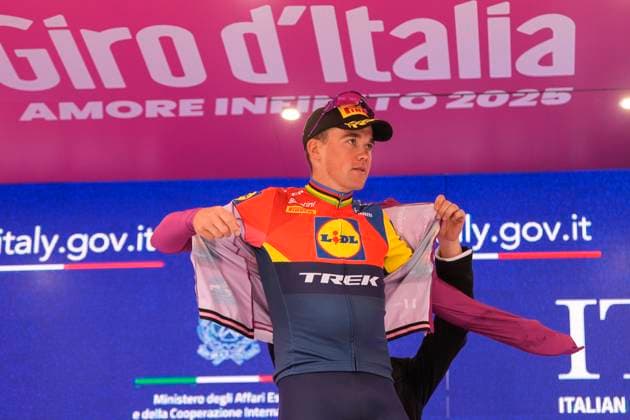 Pedersen Mads of Lidl-Trek, during the awards ceremony at the stage 12 of the Giro d™Italia from Modena to Viadana (Oglio-Po), Italy - Thursday, May 22, 2025. - cycling.  Copyright: xFabioxFerrari LaPressex
