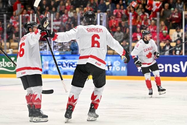 ODENSE, DENMARK - MAY 22: Travis Sanheim of Canada celebrate his goal during the 2025 Ice hockey, Eishockey World Championship, WM, Weltmeisterschaft match between Canada and Denmark at Jyske Bank Arena on May 22, 2025 in Odense, Denmark. Odense Jyske Bank Arena Denmark Copyright: xJustPictures.ch AndreaxBrancax jp-en-EuSpIm-AB_22052025_AAB_1993