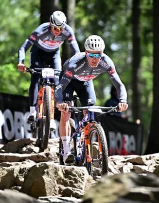 From left Mathieu van der Poel of Netherlands and Samuel Gaze of New Zealand during the training for Mountain bike cross country World Cup event, Nove Mesto na Morave, Czech Republic, May 23, 2025. (CTKxPhoto LubosxPavlicek) CTKPhotoP2025052303959  CTKPhotoP2025052303959