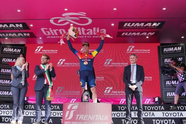 Pedersen Mads of Lidl-Trek cyclamen jersey winner of the stage on the podium during the stage 13 of the Giro d™Italia from Rovigo to Vicenza, Italy - Friday, May 23, 2025. - cycling.  Copyright: xGianxMattiaxD Alberto LaPressex