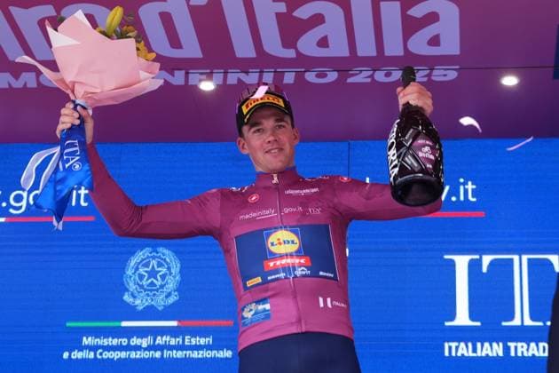 Pedersen Mads of Lidl-Trek cyclamen jersey on the podium during the stage 13 of the Giro d™Italia from Rovigo to Vicenza, Italy - Friday, May 23, 2025. - cycling.  Copyright: xGianxMattiaxD Alberto LaPressex