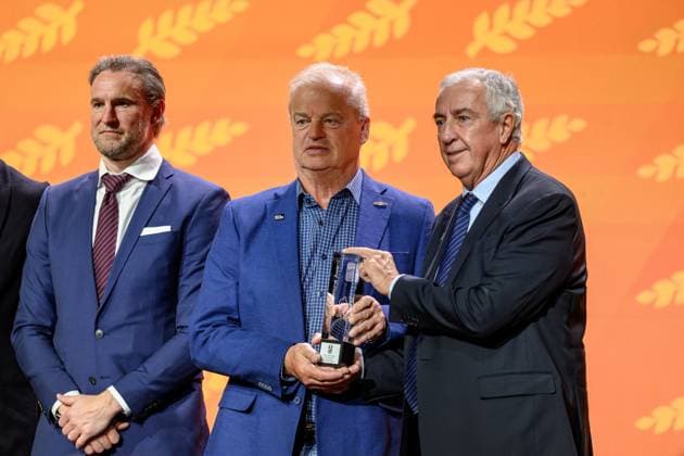 250524 Niklas Kronwall, Bengt-Ake Gustafsson and Luc Tardif, President of the International Ice hockey, Eishockey Federation during the IIHF Contributors™ Award Ceremony on May 24, 2025 in Stockholm. Photo: Simon Hastegard BILDBYRAN kod SH SH0625 ishockey ice hockey presskonferens press conference, PK, Pressekonferenz bbeng Copyright: SIMONxHASTEGARD BB250524SH003