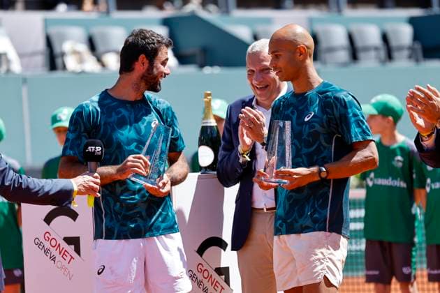 Die Gewinner, Sieger, Fabien Reboul (FRA) und Sadio Doumbia (FRA) , Schweiz, Tennis, Gonet Geneva Open ATP, Tennis Herren 250), Final Doppel,2025, Ariel Behar (URU) Joran Vliegen (BEL) vs. Sadio Doumbia (FRA) Fabien Reboul (FRA), 24.05.2025, Parc des Eaux-Vives, Genf, Schweiz Genf Parc des Eaux-Vives Genf Schweiz Copyright: xGrantxHubbsx