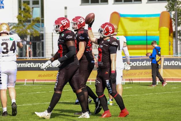 happy after the Touchdown, Potsdam Royals vs Paderborn Dolphins 2025, 2025.05.24 , GFL, Spieltag 3 Photo: Foot Bowl Thomas Sobotzki Copyright: xFotodesign-Berlinx