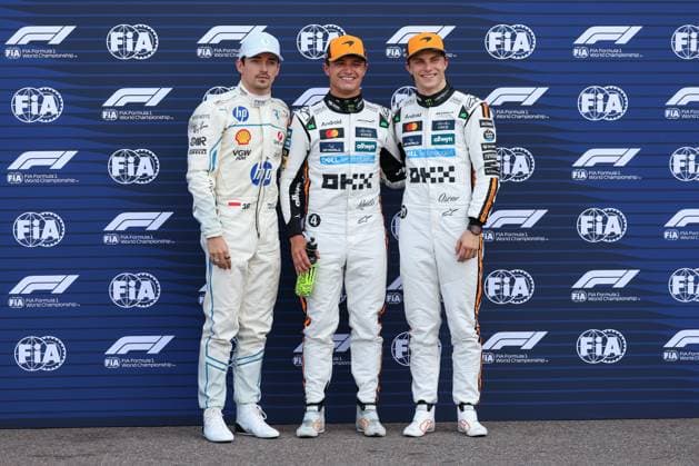 l-r: zweiter Startplatz beim Rennen, Charles Leclerc (Scuderia Ferrari HP), Winner des Qualifying, Lando Norris (McLaren Formula 1 Team), Pole-Position, dritter Startplatz beim rennen, Oscar Piastri (McLaren Formula 1 Team), Qualifying, Grosser Preis von Monaco, Motorsport, Herren, Formel 1, 24.05.2025 Monte Carlo Monaco MCO