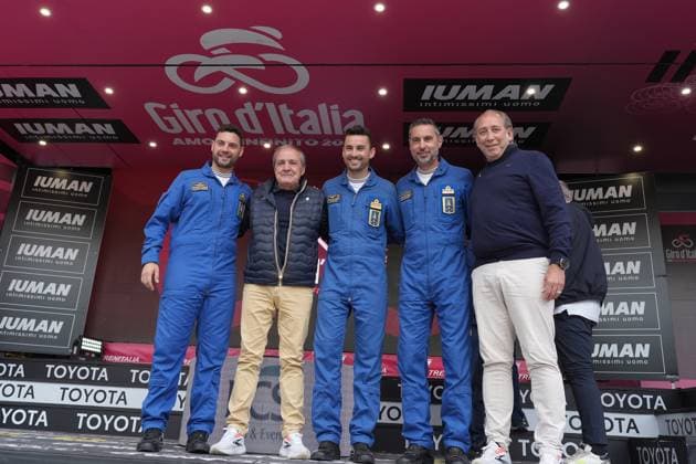 Mauro Vegni , Stefano Allocchio and tricolour arrow pilots the stage 14 of the Giro d™Italia from Treviso to Nova Gorica Gorizia, Slovenia - Saturday, May 24, 2025. - cycling.  Copyright: xGianxMattiaxD Alberto LaPressex