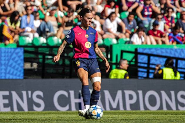 2025-05-24 FC Barcelona, Barca v Arsenal WFC - UEFA Women s Champions League Final LISBON, PORTUGAL - MAY 24: Maria Leon of FC Barcelona makes a pass during the UEFA Women s Champions League Final match between FC Barcelona and Arsenal WFC at Estadio Jose Alvalade on May 24, 2025 in Lisbon, Portugal. (Photo by Leiting Gao BSR Agency) Lisbon Portugal Content not available for redistribution in The Netherlands directly or indirectly through any third parties. Copyright: xBSRxAgencyx