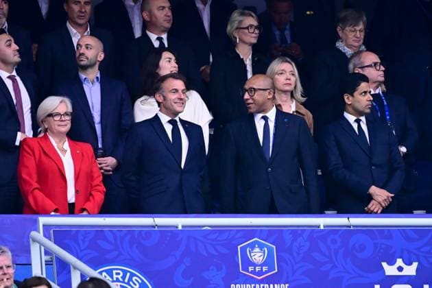 Sport Bilder des Tages FOOTBALL : PSG vs Reims - Finale Coupe de France - 24 05 2025 Emmanuel Macron ( French president ) , Philippe Diallo ( president FFF ) and Nasser Al Khelaifi ( PSG president ) attend the French Cup Final match between Paris Saint Germain and Stade de Reims at Stade de France on May 24 , 2025 in Saint Denis, France. ( Photo by Dante Badano PsnewZ ) - Saint DenisFrance  Copyright: xx