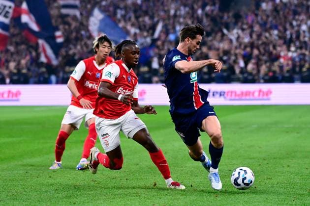 FOOTBALL : PSG vs Reims - Finale Coupe de France - 24 05 2025 Fabian Ruiz ( 8 - PSG ) and Valentin ATANGANA EDOA ( 6 - Reims ) during the French Cup Final match between Paris Saint Germain and Stade de Reims at Stade de France on May 24 , 2025 in Saint Denis, France. ( Photo by Dante Badano PsnewZ ) - Saint DenisFrance  Copyright: xx