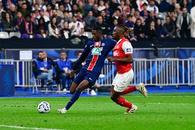 FOOTBALL : PSG vs Reims - Finale Coupe de France - 24 05 2025 Ousmane DEMBELE ( 10 - PSG ) and Valentin ATANGANA EDOA ( 6 - Reims ) during the French Cup Final match between Paris Saint Germain and Stade de Reims at Stade de France on May 24 , 2025 in Saint Denis, France. ( Photo by Dante Badano PsnewZ ) - Saint DenisFrance  Copyright: xx