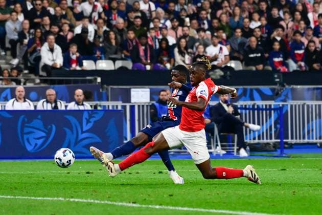 FOOTBALL : PSG vs Reims - Finale Coupe de France - 24 05 2025 Ousmane DEMBELE ( 10 - PSG ) and Valentin ATANGANA EDOA ( 6 - Reims ) during the French Cup Final match between Paris Saint Germain and Stade de Reims at Stade de France on May 24 , 2025 in Saint Denis, France. ( Photo by Dante Badano PsnewZ ) - Saint DenisFrance  Copyright: xx