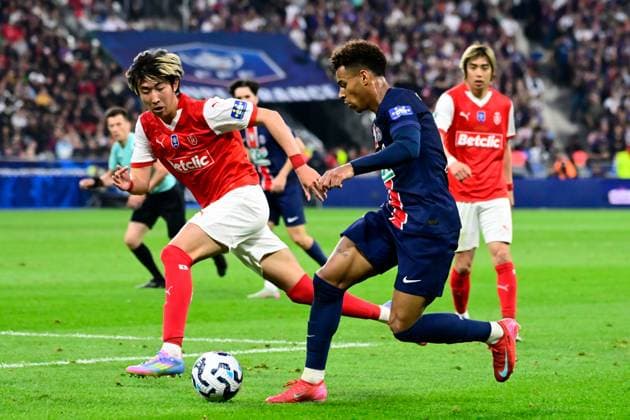 FOOTBALL : PSG vs Reims - Finale Coupe de France - 24 05 2025 Desire Doue ( 14 - PSG ) and Hiroki Sekine ( 3 - Reims ) during the French Cup Final match between Paris Saint Germain and Stade de Reims at Stade de France on May 24 , 2025 in Saint Denis, France. ( Photo by Dante Badano PsnewZ ) - Saint DenisFrance  Copyright: xx