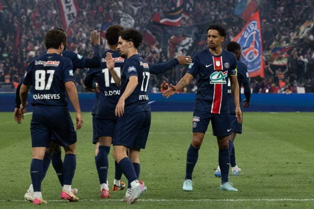 Final of the Coupe de France (PSG - Reims) Alexis Sciard IP3; Paris, France, May 24, 2025 - PSG players celebrate after a goal (Marquinhos)  Copyright: xIP3xPRESS MAXPPPxAlexisxSciardx IP3ASCI2505244 IP3ASCI2505244