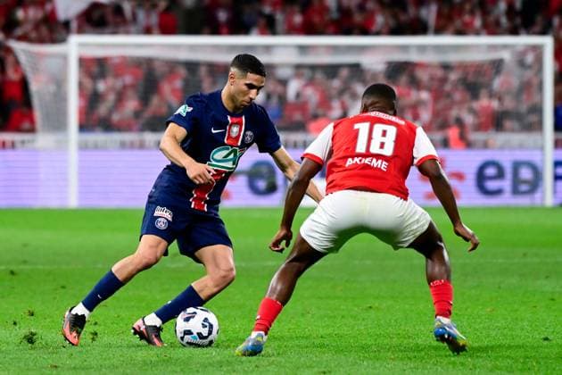 FOOTBALL : PSG vs Reims - Finale Coupe de France - 24 05 2025 Achraf Hakimi ( 2 - PSG ) and Sergio AKIEME ( 18 - Reims ) during the French Cup Final match between Paris Saint Germain and Stade de Reims at Stade de France on May 24 , 2025 in Saint Denis, France. ( Photo by Dante Badano PsnewZ ) - Saint DenisFrance  Copyright: xx