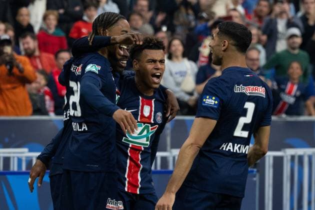 Final of the Coupe de France (PSG - Reims) Alexis Sciard IP3; Paris, France, May 24, 2025 - PSG players celebrate after a goal (Doue, Barcola, Hakimi)  Copyright: xIP3xPRESS MAXPPPxAlexisxSciardx IP3ASCI2505242 IP3ASCI2505242