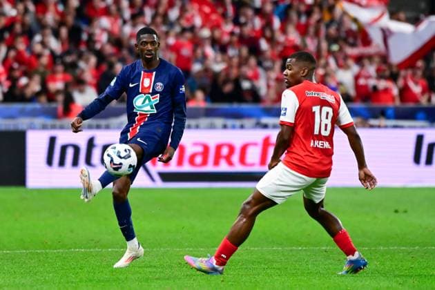 FOOTBALL : PSG vs Reims - Finale Coupe de France - 24 05 2025 Ousmane DEMBELE ( 10 - PSG ) and Sergio AKIEME ( 18 - Reims ) during the French Cup Final match between Paris Saint Germain and Stade de Reims at Stade de France on May 24 , 2025 in Saint Denis, France. ( Photo by Dante Badano PsnewZ ) - Saint DenisFrance  Copyright: xx