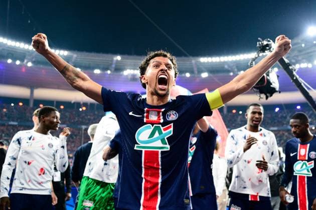 Sport Bilder des Tages FOOTBALL : PSG vs Reims - Finale Coupe de France - 24 05 2025 Marquinhos ( 5 - PSG ) celebrates their side s victory after the French Cup Final match between Paris Saint Germain and Stade de Reims at Stade de France on May 24 , 2025 in Saint Denis, France. ( Photo by Dante Badano PsnewZ ) - Saint DenisFrance  Copyright: xx