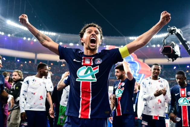 FOOTBALL : PSG vs Reims - Finale Coupe de France - 24 05 2025 Marquinhos ( 5 - PSG ) celebrates following the French Cup Final match between Paris Saint Germain and Stade de Reims at Stade de France on May 24 , 2025 in Saint Denis, France. ( Photo by Dante Badano PsnewZ ) - Saint DenisFrance  Copyright: xx